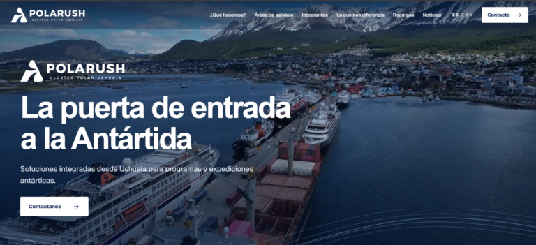 Portada de PolarUsh, Clúster Polar Ushuaia, con una vista aérea del puerto y la ciudad de Ushuaia.